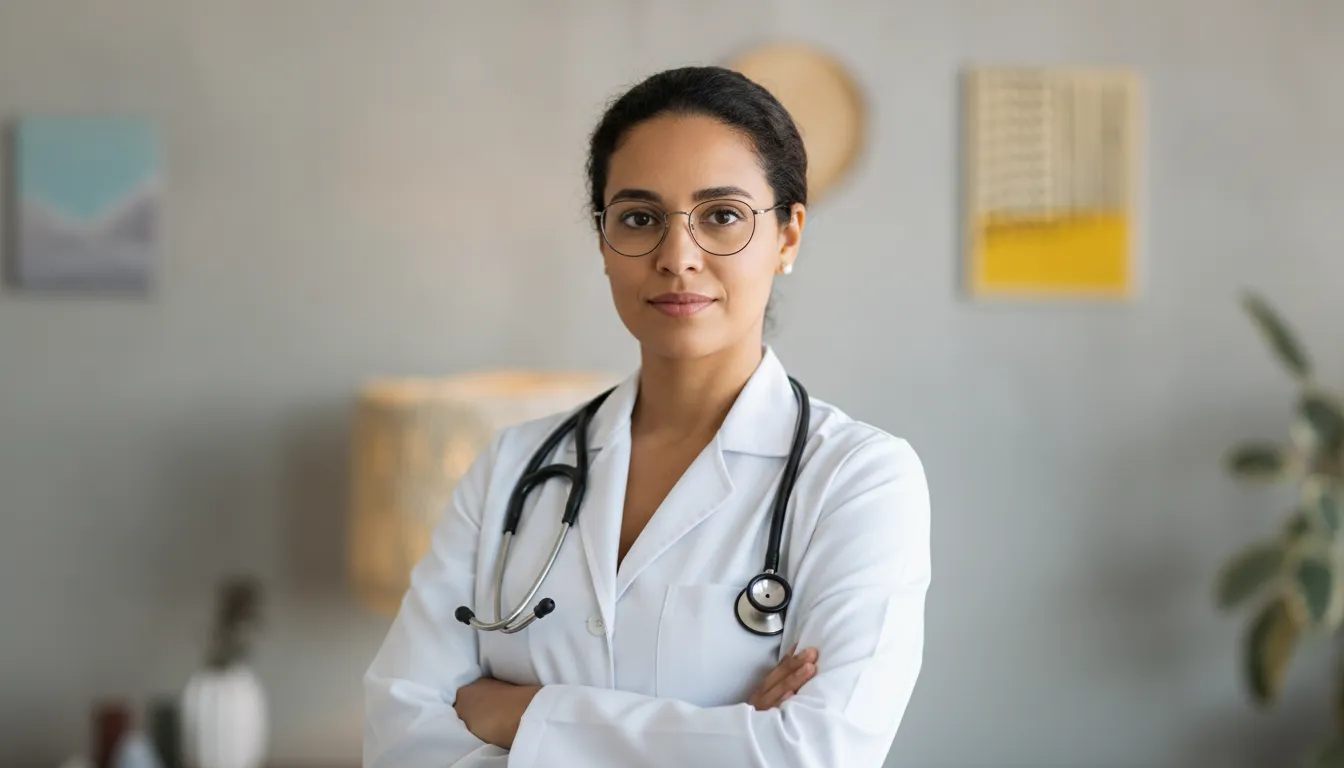 Physician in a white coat looking directly at the camera