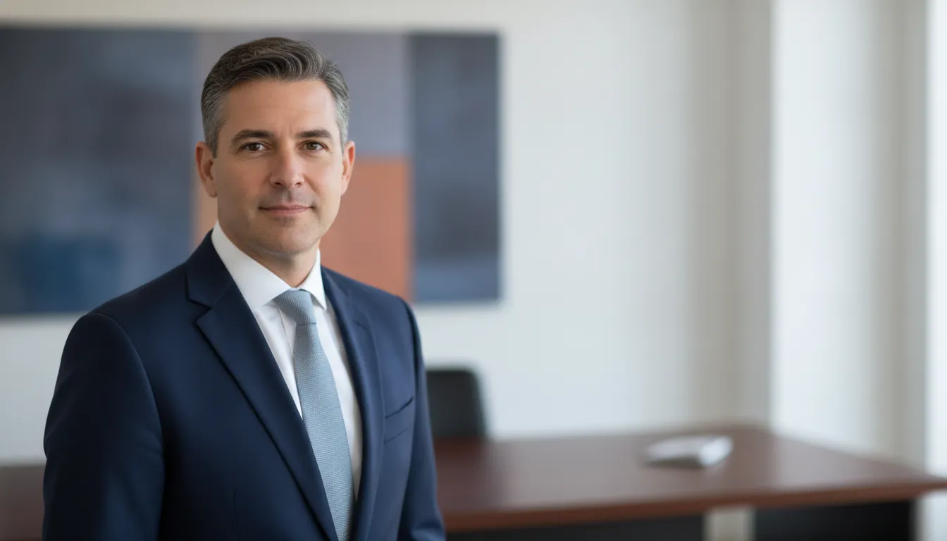 Businessman in a suit looking directly at the camera in a modern office