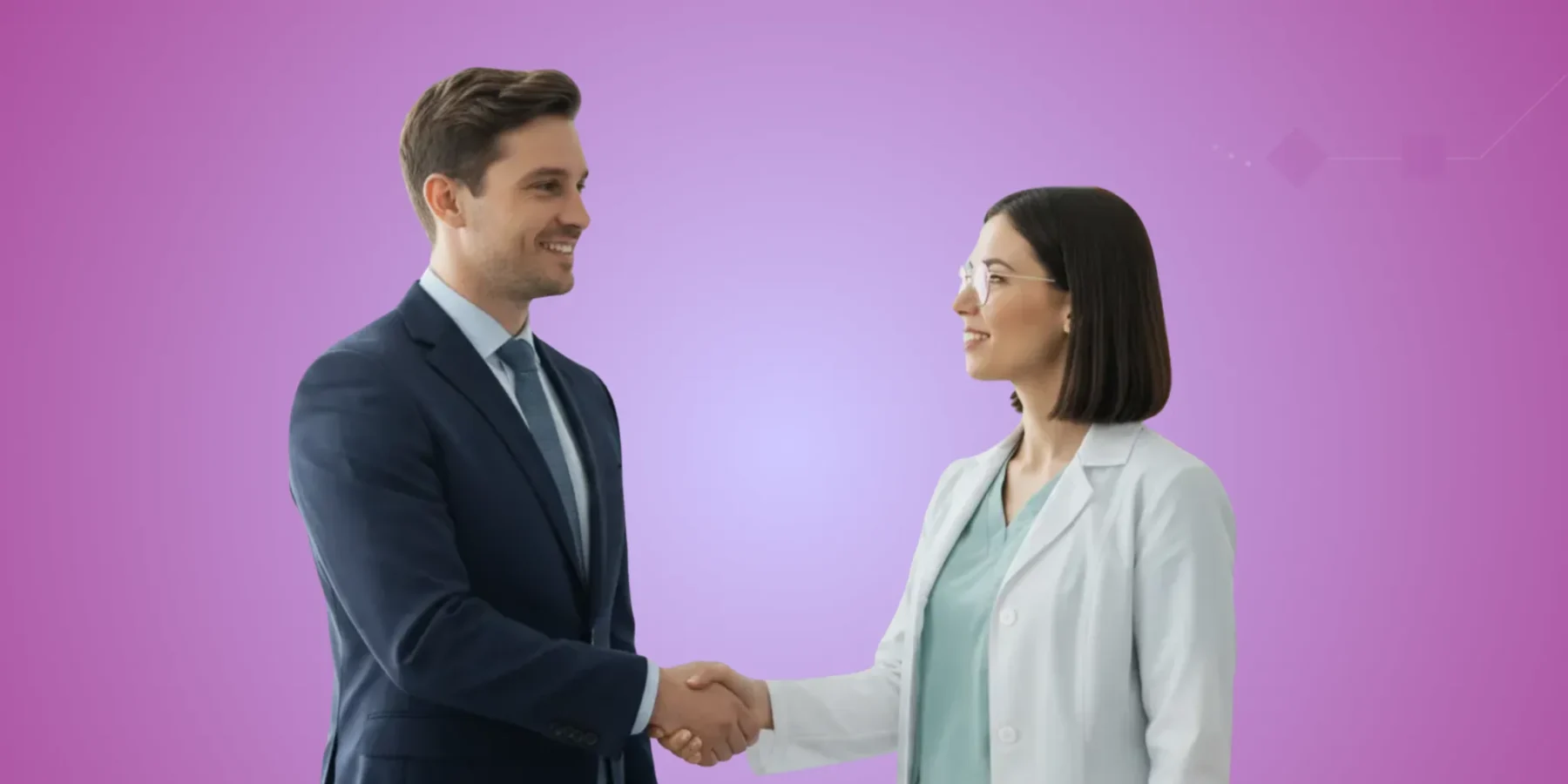 Pharmaceutical sales representative shaking hands with a physician in a professional clinical office