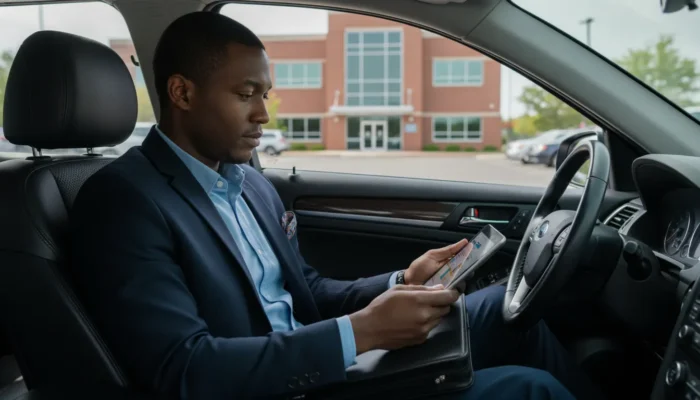 Black pharmaceutical field sales representative reviewing a tablet in his car before an HCP meeting