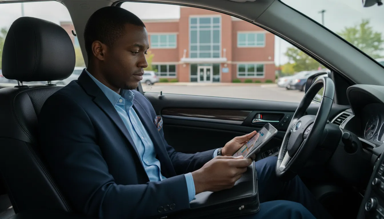 Black pharmaceutical field sales representative reviewing a tablet in his car before an HCP meeting